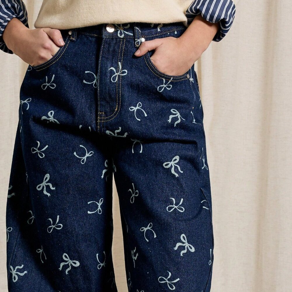 Blue Casual Women's Bow Print Baggy Jean - Picture 5 of 6